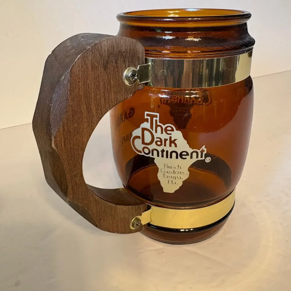 Vintage Busch Gardens Dark Continent Souvenir Brown Glass Barrel Mug Wood